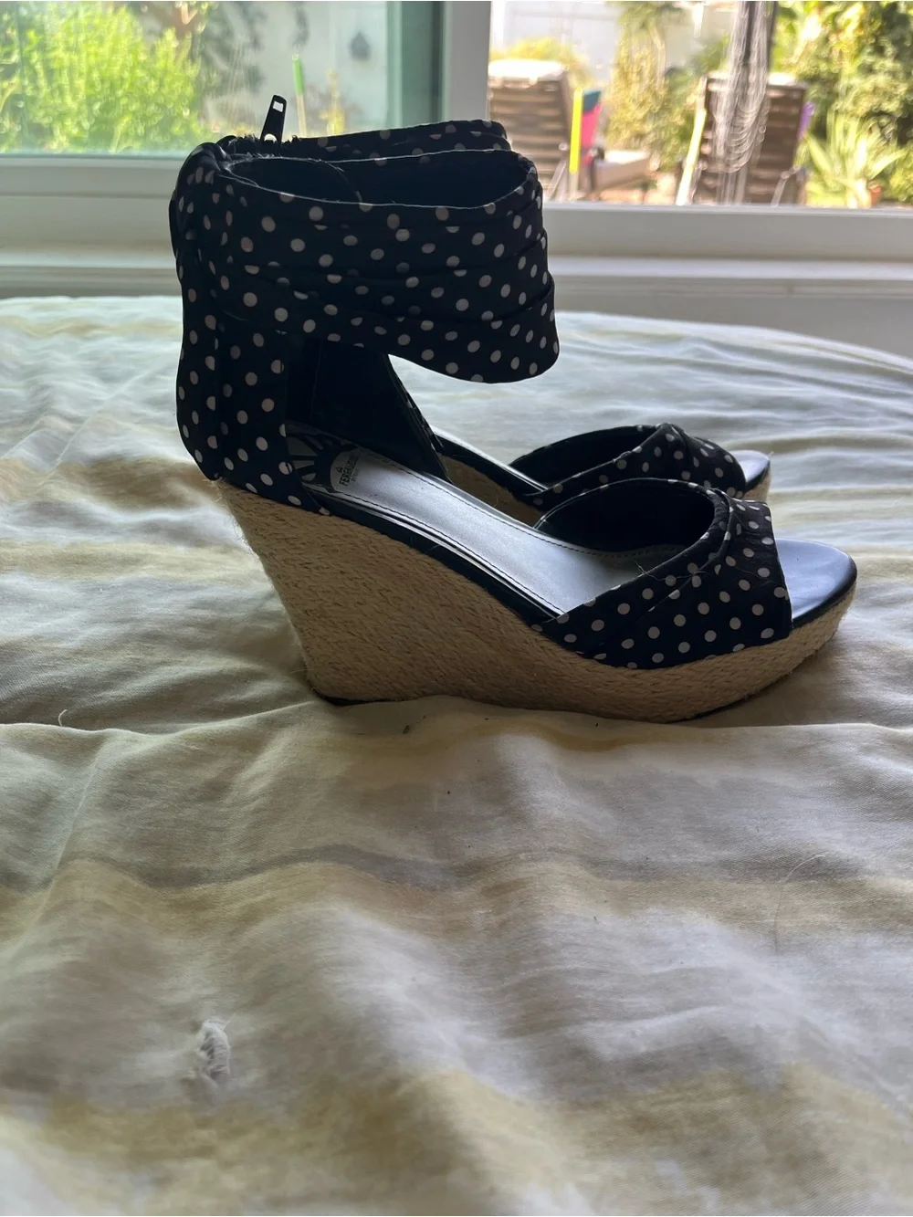 Fergalicious Black Polka Dot Ankle-Wrap Wedge Sandals